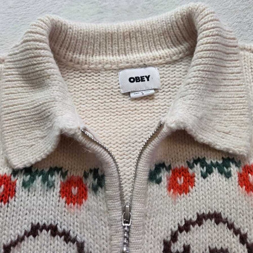 S Obey knit swans wool blend zip up cardigan sweater - Picture 5 of 15